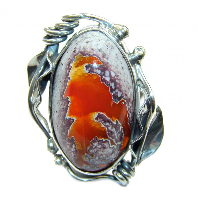 Floral Design Genuine Mexican Opal .925 Sterling Silver handmade Ring size 7 adjustable