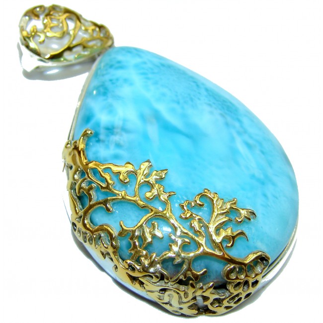 Large Perfectly Blue Caribbean Larimar 14K Gold over .925 Sterling Silver handmade pendant