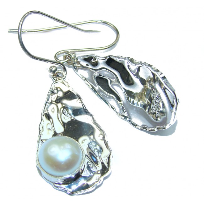 Big Fresh Water Pearl Hammered .925 Sterling Silver earrings