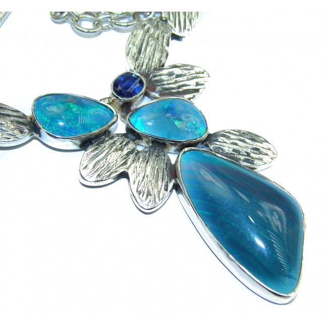 Spectacular Rustic Style Doublet Fire Opal .925 Sterling Silver brilliantly handcrafted necklace