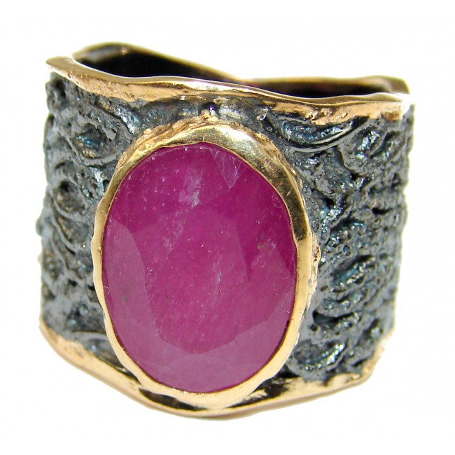 Large genuine Ruby 18K Gold over .925 Sterling Silver Statement Italy made ring; s. 6 3/4