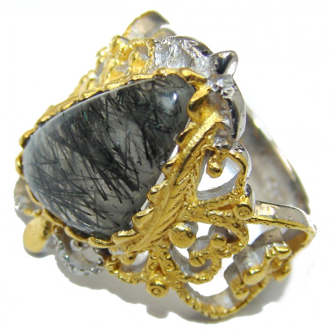 Mysterious Tourmalinated Quartz 18K Gold .925 Sterling Silver handmade ring s. 7