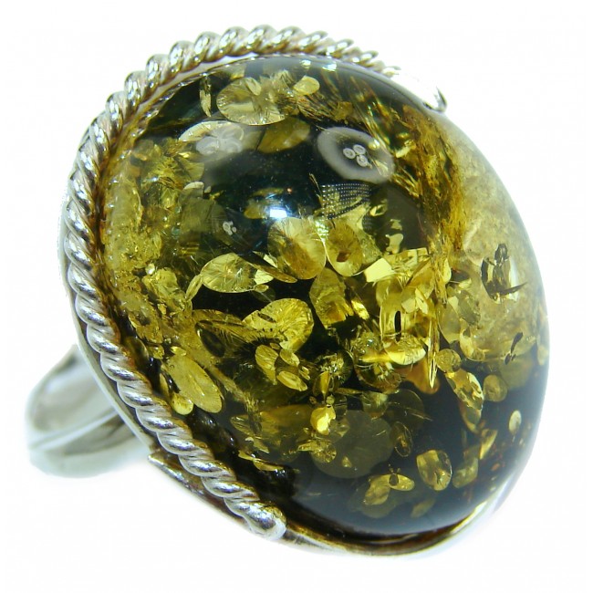 Authentic Green Baltic Amber .925 Sterling Silver handcrafted ring; s 8 adjustable
