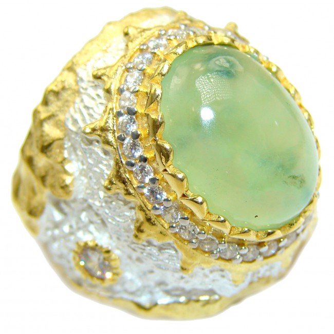 Huge Prehnite 14K Gold over .925 Sterling Silver Italy handmade Cocktail Ring s. 9