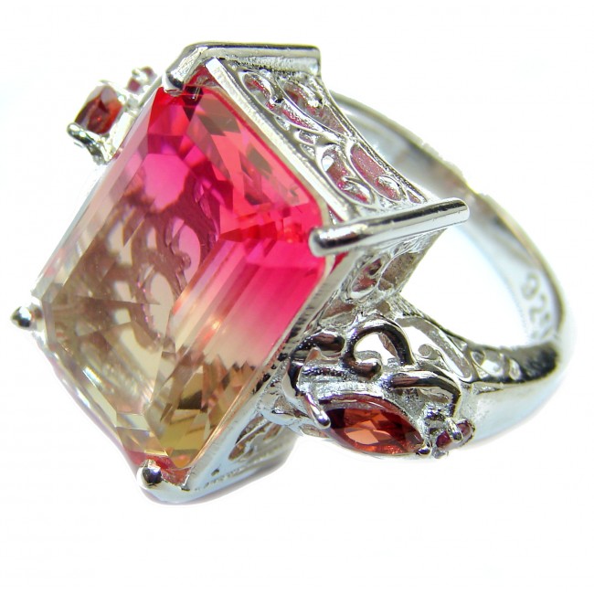 HUGE emerald cut Volcanic Pink Tourmaline Topaz .925 Sterling Silver handcrafted Ring s. 8