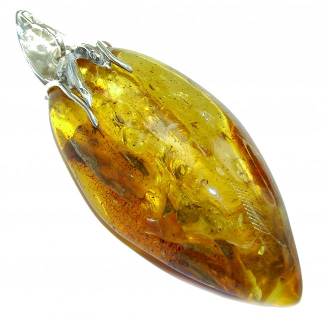 LARGE 3 3/4 INCHES long Natural Baltic Amber .925 Sterling Silver handmade Pendant