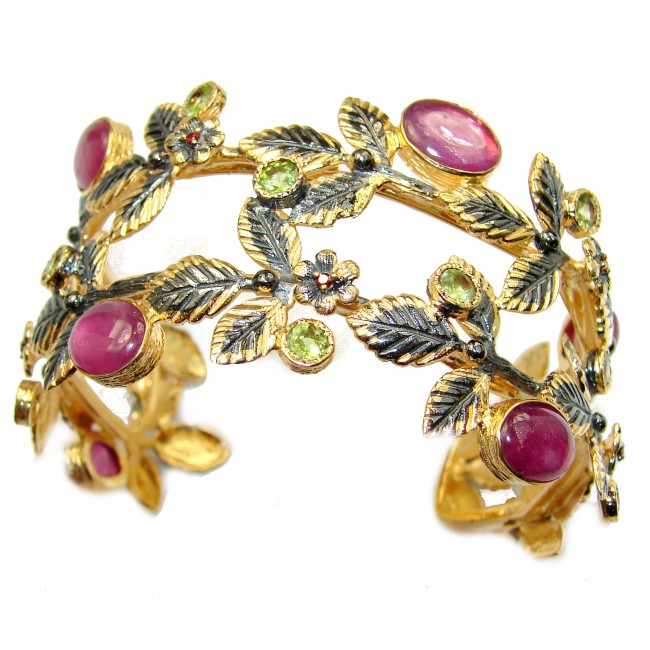 Floral Design Authentic Red Ruby 18K Gold over .925 Sterling Silver handcrafted Statement Bracelet / Cuff