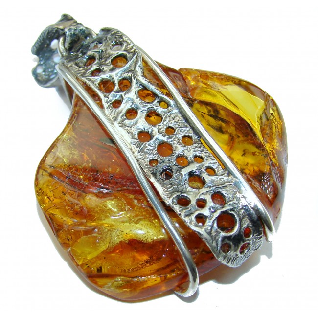 LARGE 2 5/8 INCHES long Natural Baltic Amber .925 Sterling Silver handmade Pendant
