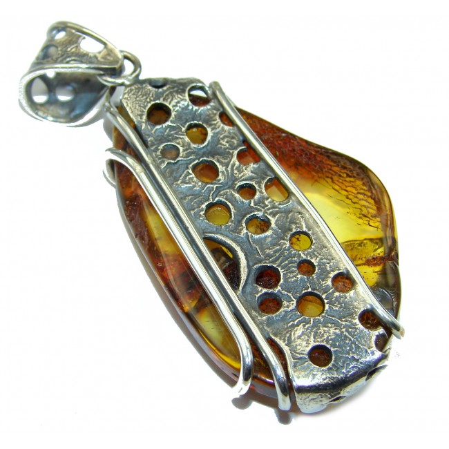 LARGE 2 5/8 INCHES long Natural Baltic Amber .925 Sterling Silver handmade Pendant