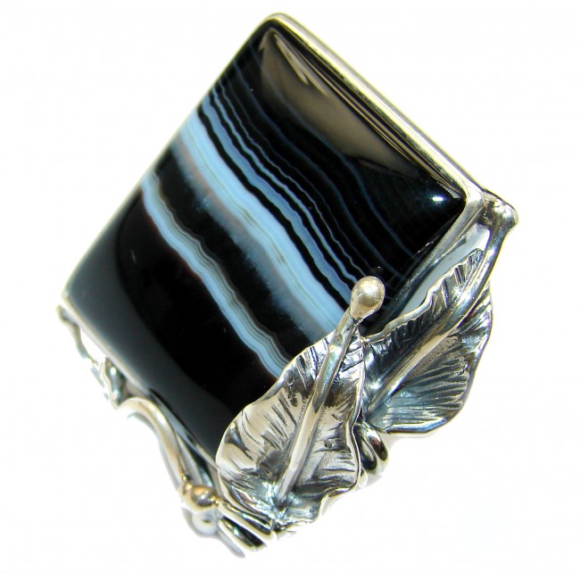 Huge Black Botswana Agate .925 Sterling Silver handcrafted Ring s. 8 adjustable