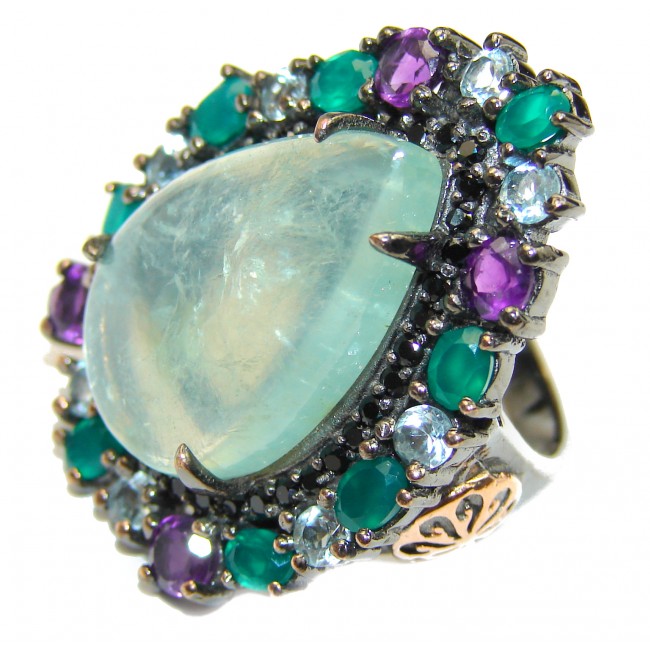 Natural Prehnite Emerald Black Rhodium over .925 Sterling Silver handcrafted Ring s. 6 3/4