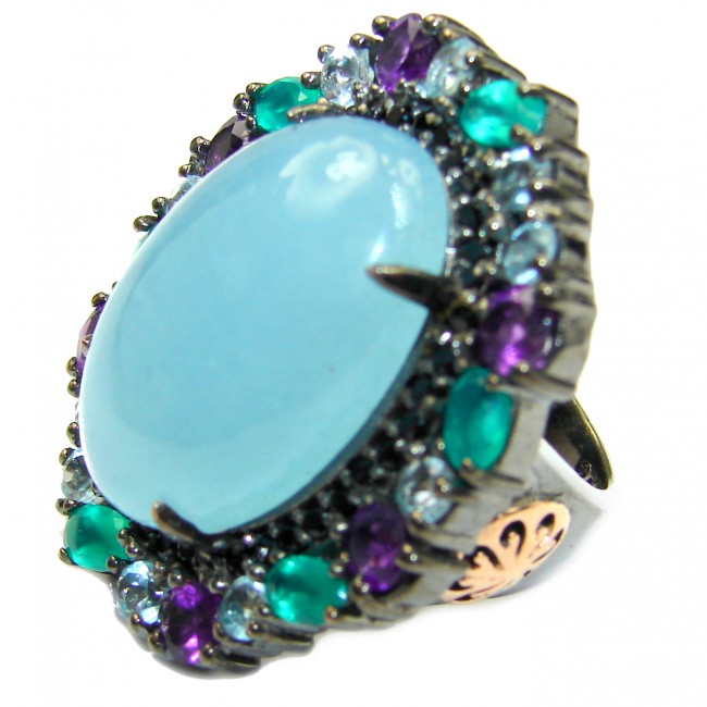 Natural HUGE 65ct Aquamarine Emerald Black Rhodium over .925 Sterling Silver handcrafted Ring s. 6