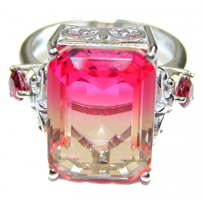 HUGE emerald cut Volcanic Pink Tourmaline Topaz .925 Sterling Silver handcrafted Ring s. 9