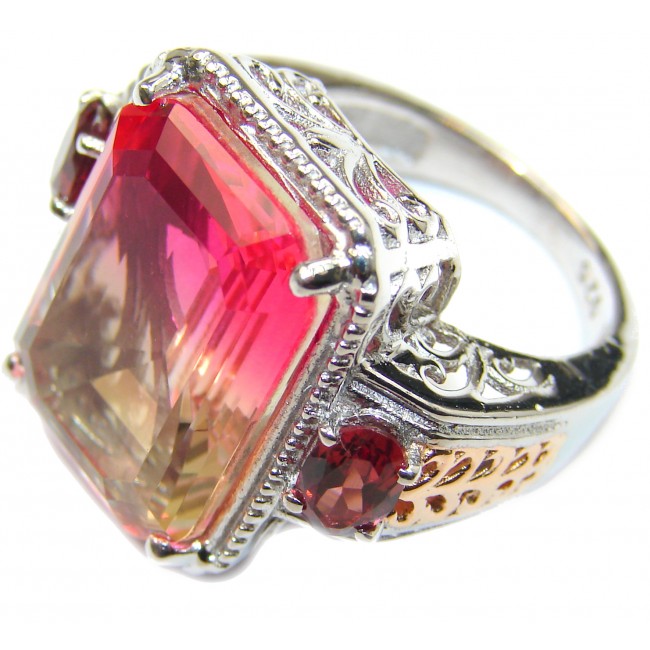 HUGE emerald cut Volcanic Pink Tourmaline Topaz .925 Sterling Silver handcrafted Ring s. 6 3/4