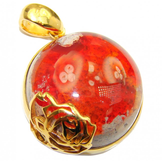 Floral Design Natural Mexican Fire Opal 18K Gold over .925 Sterling Silver handmade Pendant