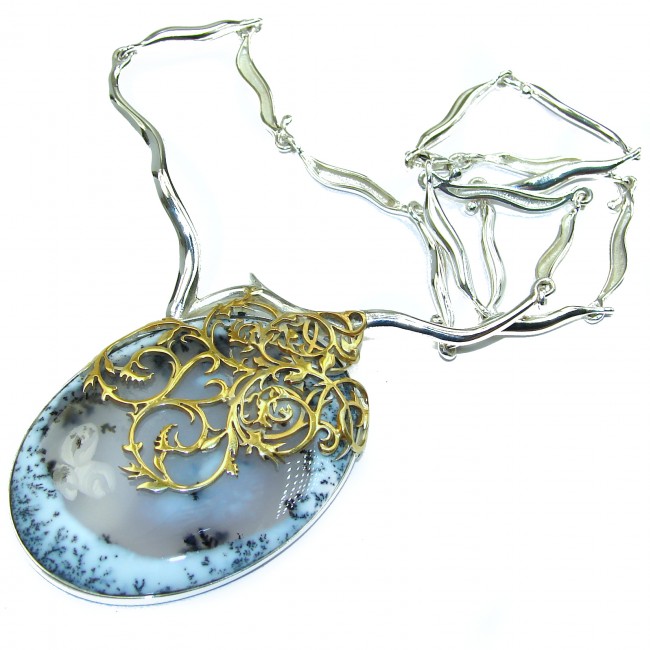Oversized genuine Dendritic Agate 18K Gold over .925 Sterling Silver handcrafted necklace