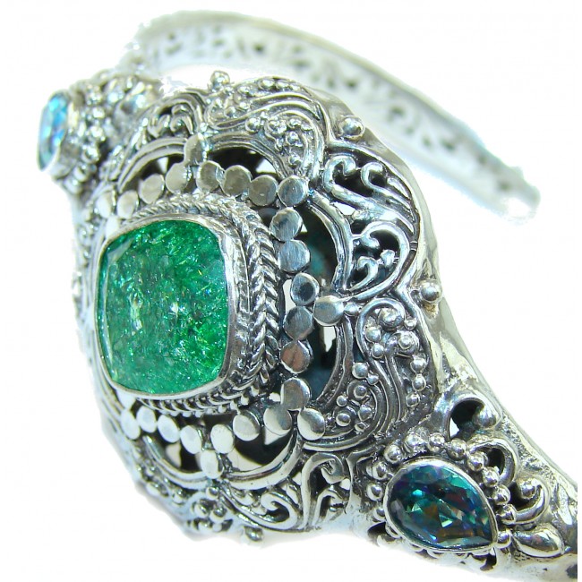 Green Topaz .925 Sterling Silver Bali handmade Bracelet / Cuff