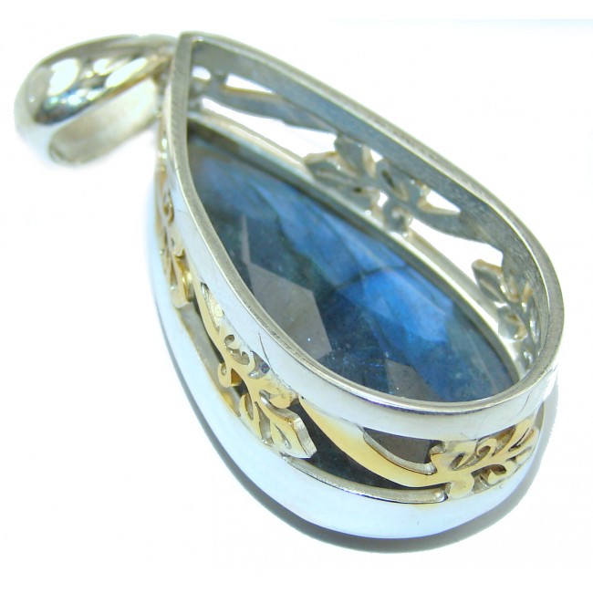 Incredible 60ct Fire Labradorite 18k Gold over .925 Sterling Silver handmade Pendant
