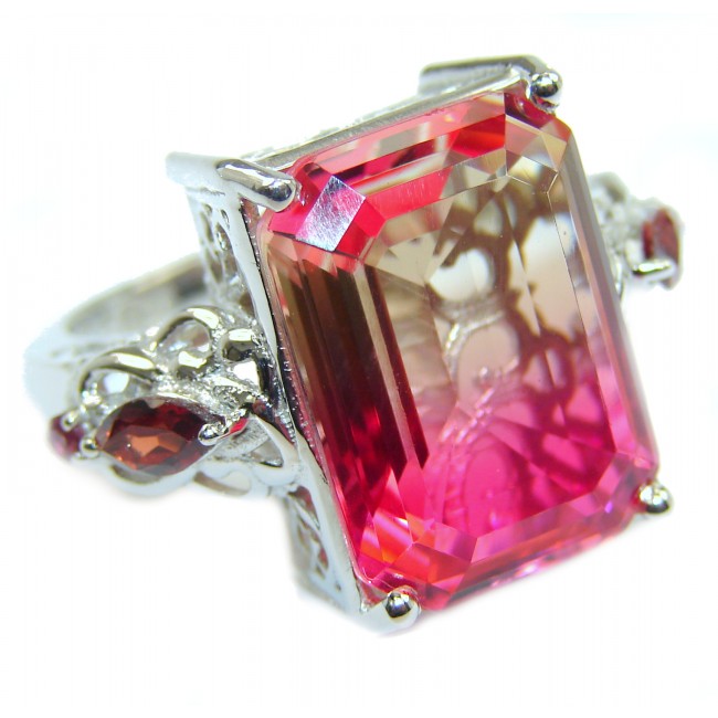 HUGE emerald cut Volcanic Pink Tourmaline Topaz .925 Sterling Silver handcrafted Ring s. 9