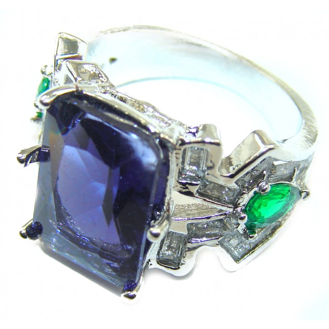 Large created Sapphire & White Topaz Sterling Silver ring; s. 7