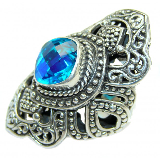 Bali Design Blue Aquamarine Topaz .925 Sterling Silver handmade ring s. 7