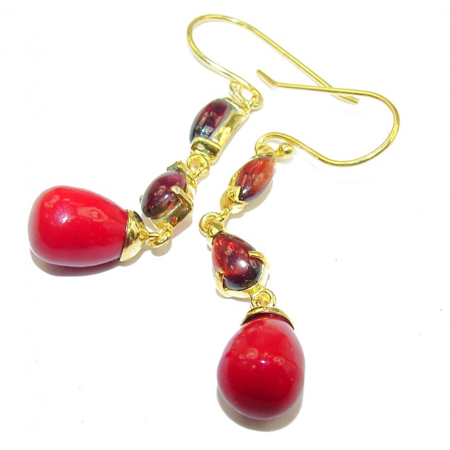 Genuine Red Fossilized Coral 14K Gold over .925 Sterling Silver handmade earrings