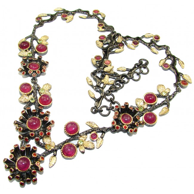 FLORAL design Boho Style Genuine Ruby 14K Gold over .925 Sterling Silver handmade necklace