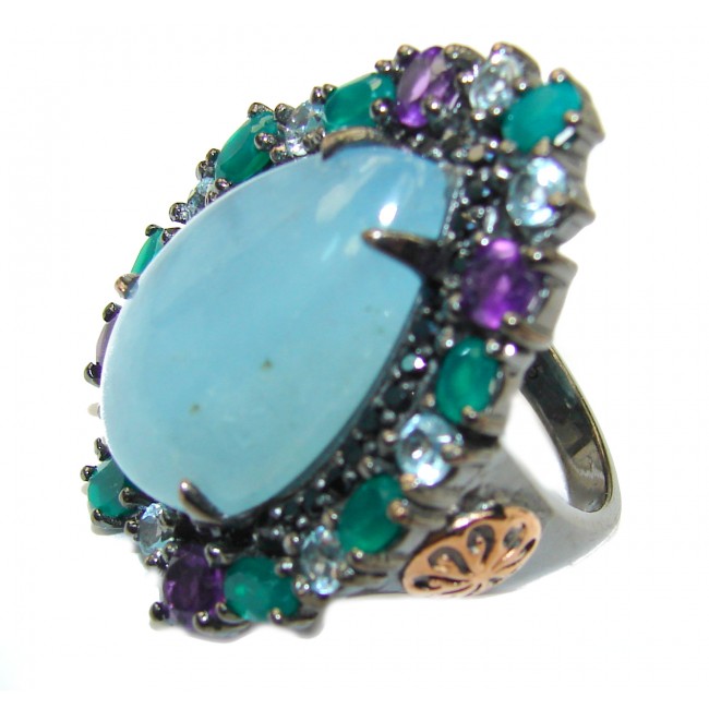 Natural HUGE 52ct Aquamarine Emerald Black Rhodium over .925 Sterling Silver handcrafted Ring s. 8