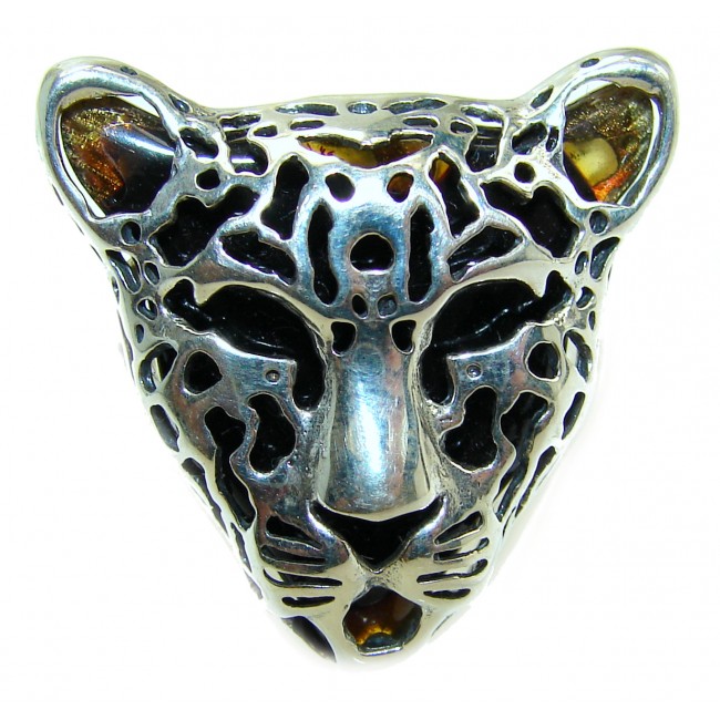 Cheetah authentic Baltic Amber .925 Sterling Silver handmade Statement Ring s. 7 adjustable