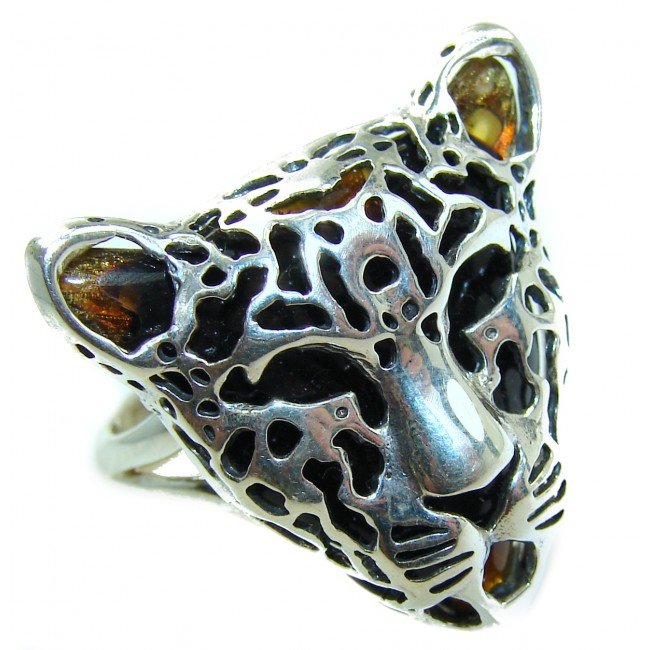 Cheetah authentic Baltic Amber .925 Sterling Silver handmade Statement Ring s. 7 adjustable