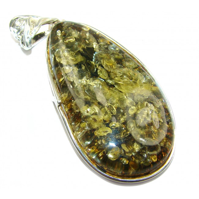 Huge Natural green Baltic Amber .925 Sterling Silver handmade Pendant