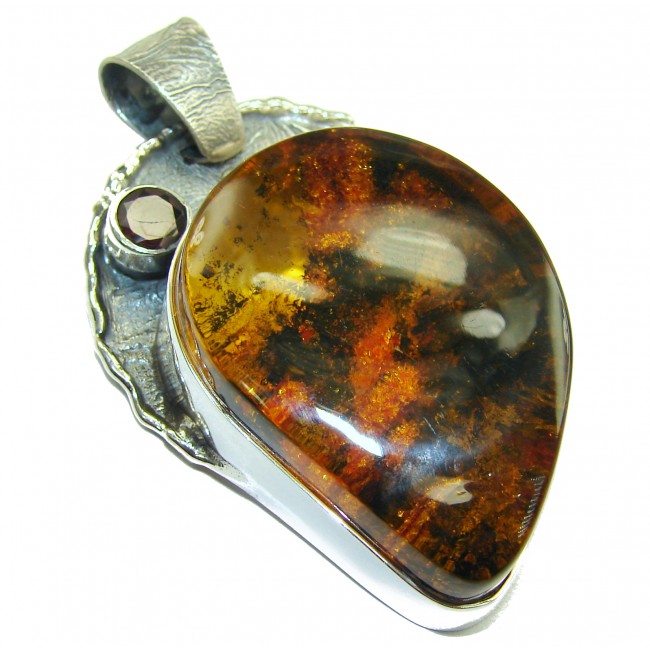 LARGE Natural Baltic Amber oxidized .925 Sterling Silver handmade Pendant