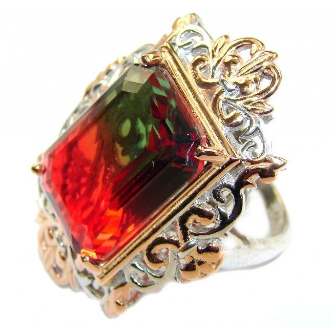 HUGE Emerald cut Watermelon Tourmaline color Topaz Rose Gold over .925 Sterling Silver handcrafted Ring s. 6 1/2