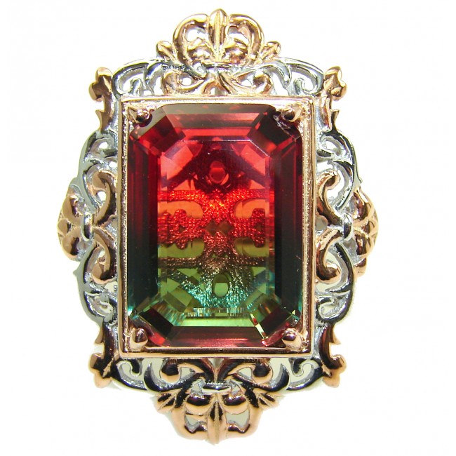 HUGE Emerald cut Watermelon Tourmaline color Topaz Rose Gold over .925 Sterling Silver handcrafted Ring s. 6 1/2