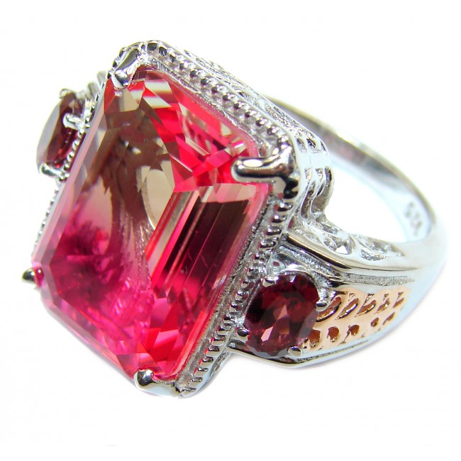 HUGE emerald cut Volcanic Pink Tourmaline Topaz .925 Sterling Silver handcrafted Ring s. 8