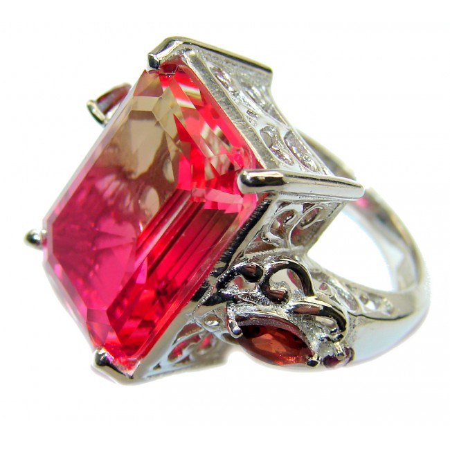 HUGE emerald cut Volcanic Pink Tourmaline Topaz .925 Sterling Silver handcrafted Ring s. 7 3/4