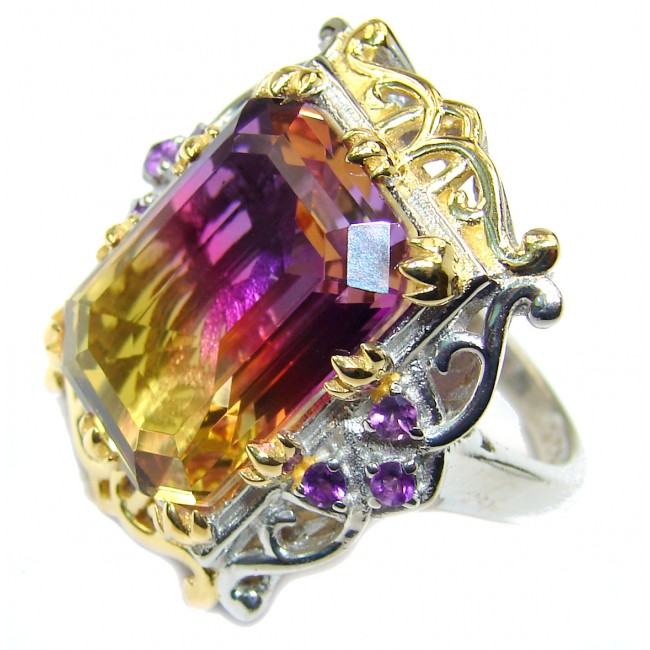 HUGE Emerald cut Ametrine 18K Gold over .925 Sterling Silver handcrafted Ring s. 7 1/4