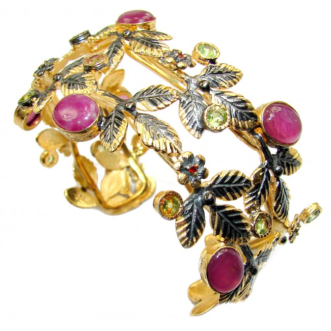 Big Dreamer Red Ruby 1K Gold over .925 Sterling Silver handcrafted Statement Bracelet / Cuff