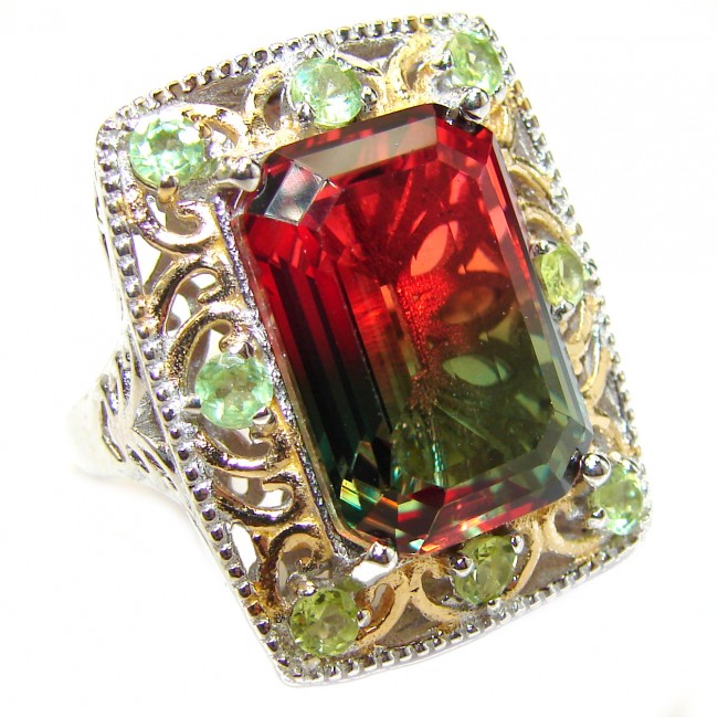 HUGE Emerald cut Watermelon Tourmaline color Topaz 18k Gold over .925 Sterling Silver handcrafted Ring s. 7 1/4