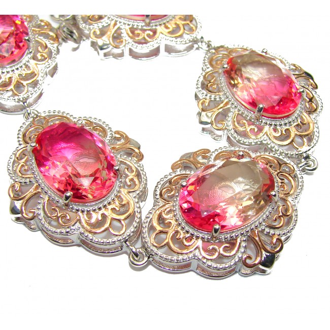 Luxury Volcanic Pink Tourmaline color Topaz 18K Gold over .925 Sterling Silver handmade Bracelet