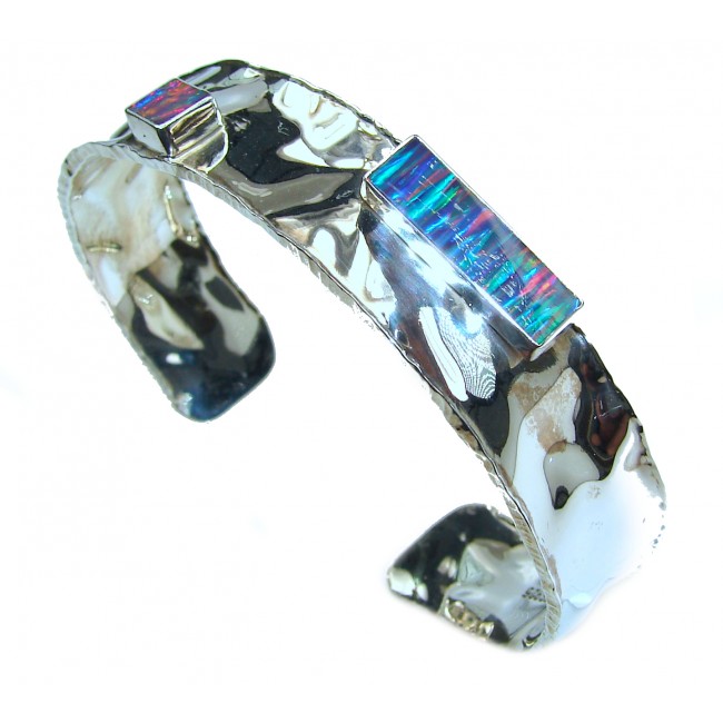 Real Treasure Fire Opal hammered .925 Sterling Silver Bracelet / Cuff