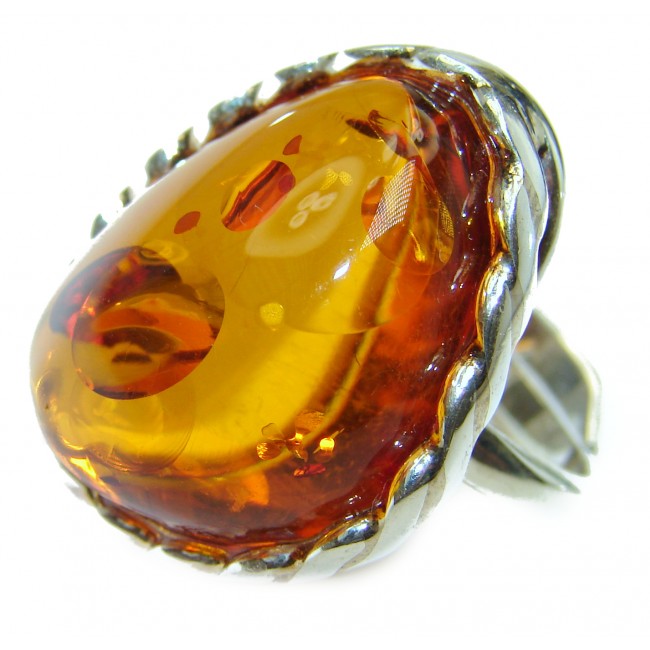 Excellent Golden Amber Sterling Silver Ring s. 8 adjustable