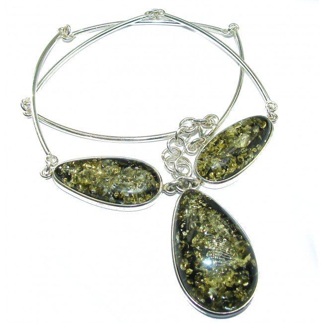Bohemian Style Natural Green Baltic Amber .925 Sterling Silver handcrafted necklace