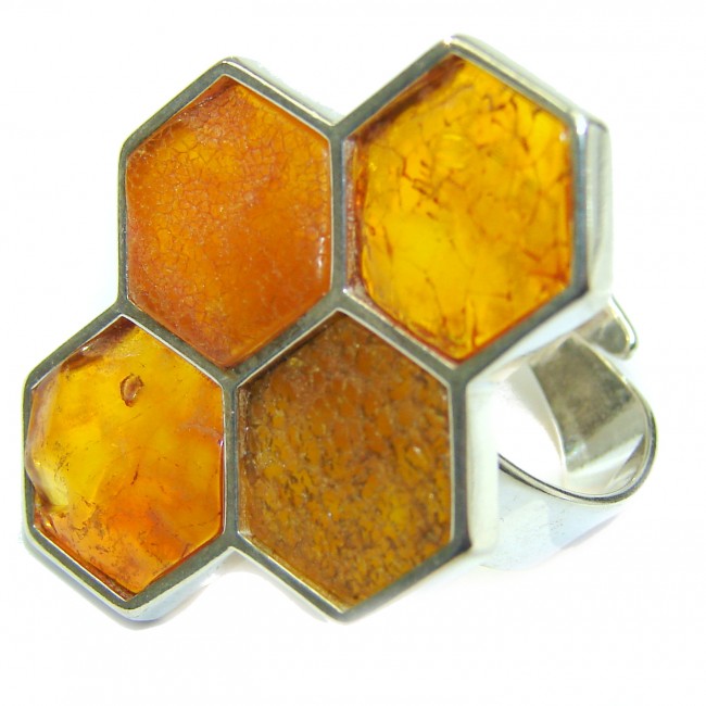 Honey Comb Authentic Baltic Amber .925 Sterling Silver handcrafted ring; s 7 adjustable