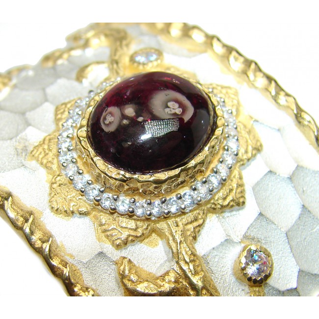 Bracelet with Cabochon Garnet & Diamonds 24K gold and Silver in Antique White Patina