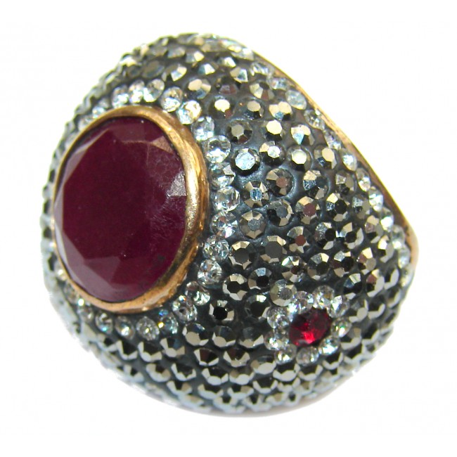 Large Victorian Style created Ruby & White Topaz Sterling Silver ring; s. 4 1/2