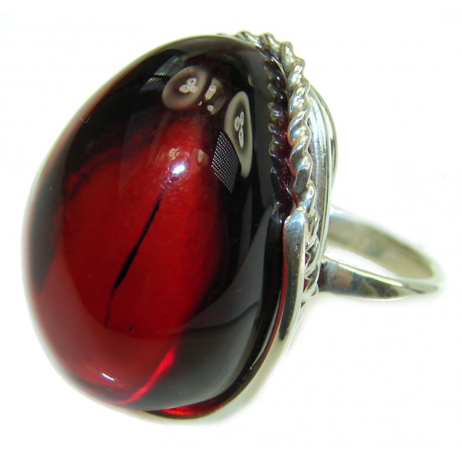 HUGE Excellent quality Cherry Authentic Baltic Amber Sterling Silver Ring s. 8 adjustable