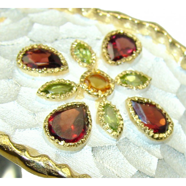 Handcrafted Bracelet with Garnet & Diamonds 24K gold and Silver in Antique White Patina