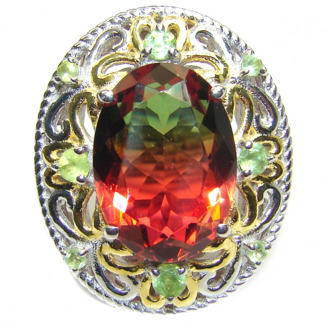 HUGE Watermelon Tourmaline color Topaz 18K Gold over .925 Sterling Silver handcrafted Ring s. 7