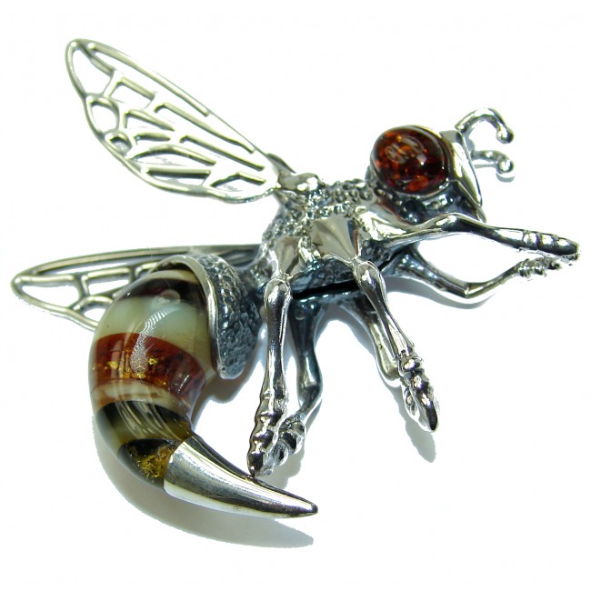 Large Masterpiece Honey Bee Baltic Polish Amber .925 Sterling Silver Handmade Pendant